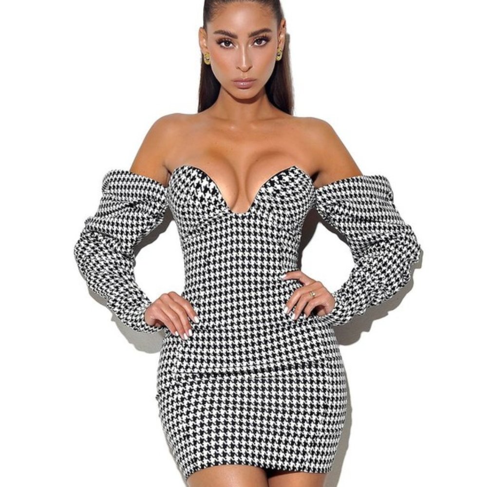 KYLIE PUFF SLEEVE OFF SHOULDER HOUNDSTOOTH DRESS